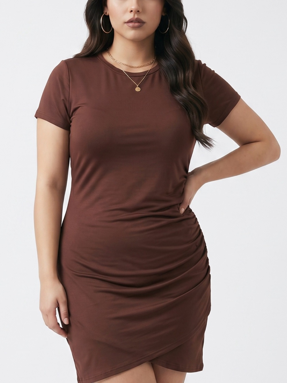 Short Sleeve Ruched Mini Dress in Brown - Picture 8 of 14
